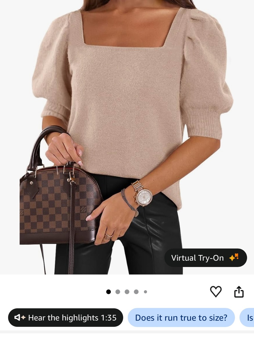 Amazon Square Neck Puff Sleeve Sweater Top - Beige S